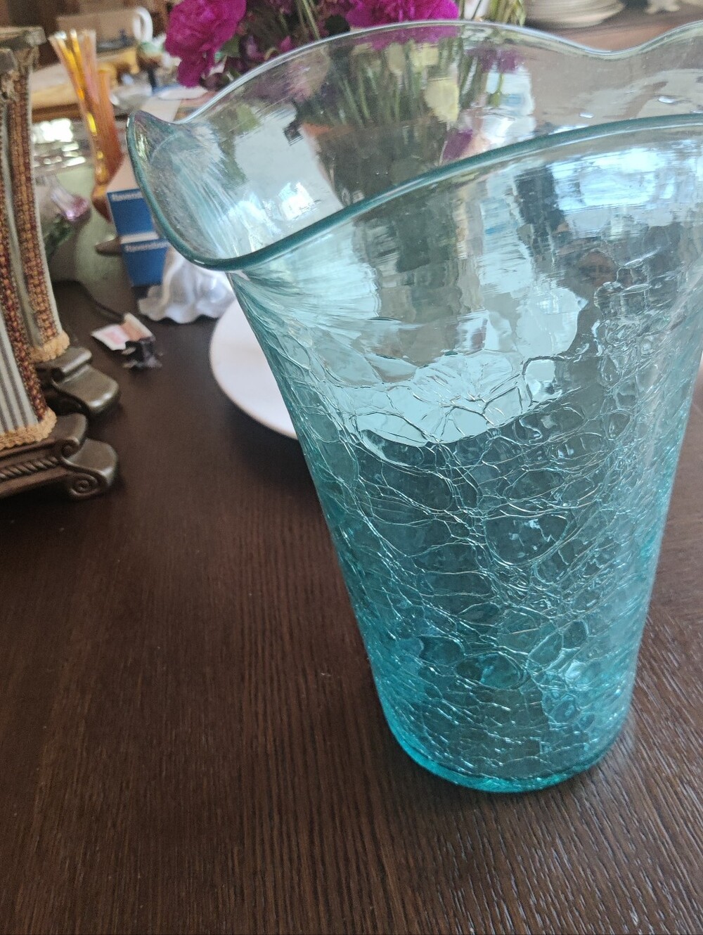 Handblown Crackle Glass Vase - Aqua Blue - Picture 3 of 7